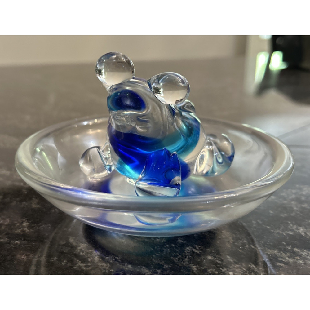 Continental Creations Blue Art Glass Figurine Paperweight Trinket Dish Frog 1999